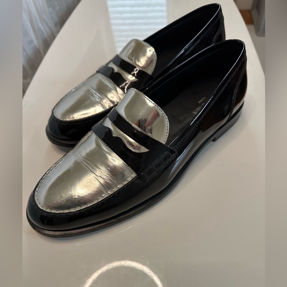 Size 45 BALMAIN silver and black penny loafer